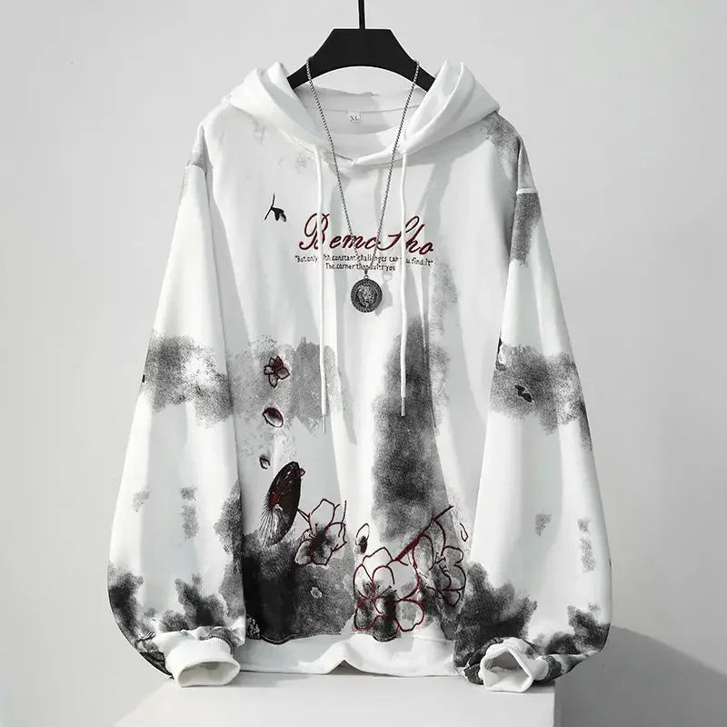 Hikigawa Chic Fashion Women Gradient Sakura Floral Embroidery Hoodies Pullover Japanese Streetwear Casual Hooded Coat Top Mujer