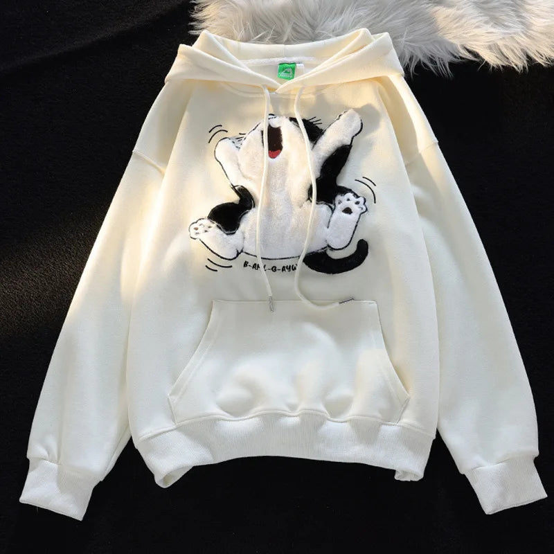 Japanese Kawaii Flock Embroidery Cartoon Cat Patchwork Hoodies Thicken Kangaroo Pocket Baggy Street Sweatshirt All-Matching Top