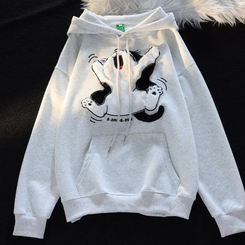 Japanese Kawaii Flock Embroidery Cartoon Cat Patchwork Hoodies Thicken Kangaroo Pocket Baggy Street Sweatshirt All-Matching Top