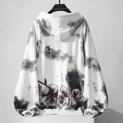 Hikigawa Chic Fashion Women Gradient Sakura Floral Embroidery Hoodies Pullover Japanese Streetwear Casual Hooded Coat Top Mujer