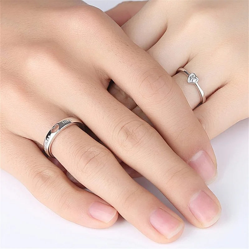 2Pcs/sets Love Heart Matching Couple Rings for Women Men