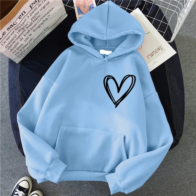 Hirsionsan Simplic Heart Print Women Sweatshirt Soft Casual Loose Vintage Female Hoodies 2024 Winter Warm Fleece Student Tops