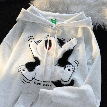 Japanese Kawaii Flock Embroidery Cartoon Cat Patchwork Hoodies Thicken Kangaroo Pocket Baggy Street Sweatshirt All-Matching Top