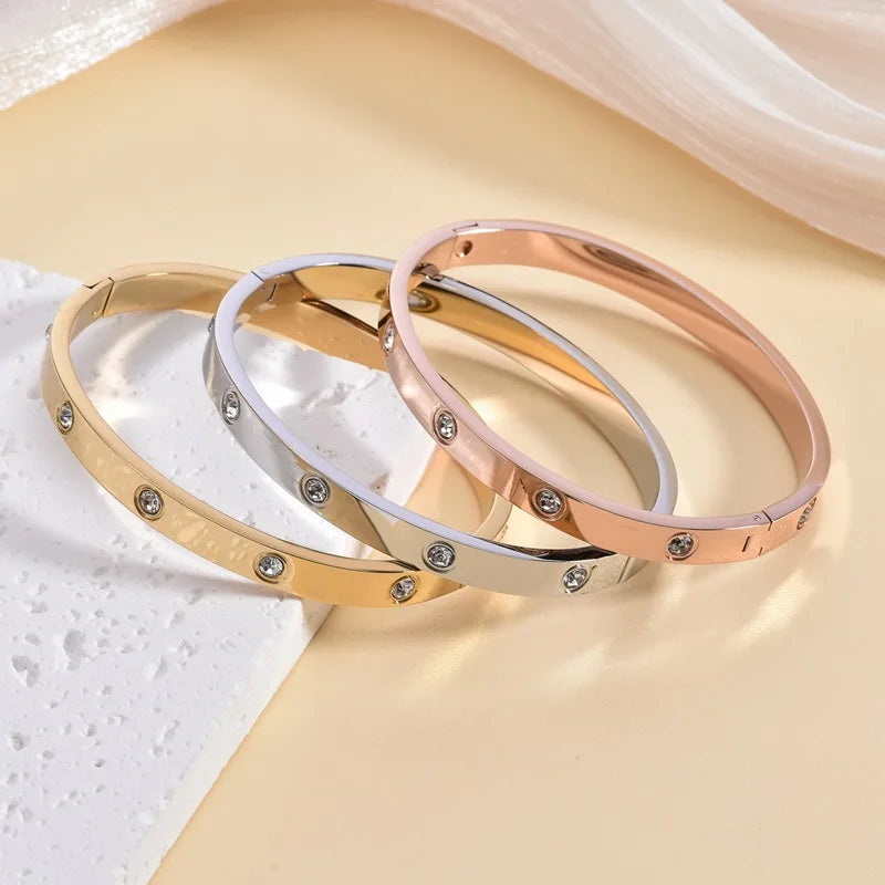 New Design Gold Color titanium steel Zircon And Cross Nut Nail Bracelet & Bangle For Woman Stainless Steel Snap Brand Jewelry