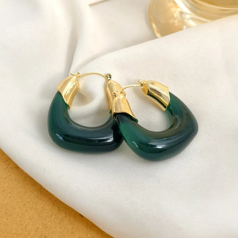 Korean Clear Acrylic Resin Circle Hoop Earrings Female Bohemia Gold Color Metal Piercing Earring Wedding Jewelry