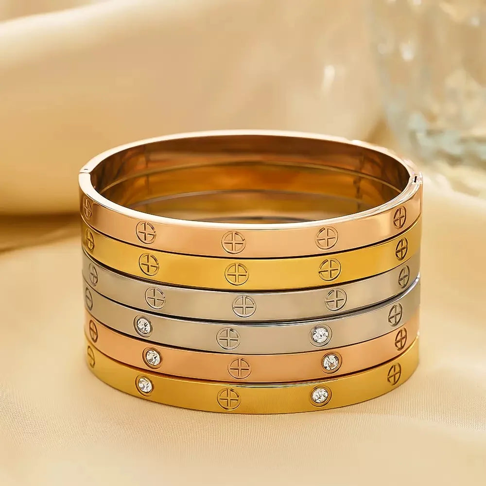 New Design Gold Color titanium steel Zircon And Cross Nut Nail Bracelet & Bangle For Woman Stainless Steel Snap Brand Jewelry