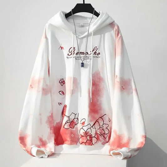 Hikigawa Chic Fashion Women Gradient Sakura Floral Embroidery Hoodies Pullover Japanese Streetwear Casual Hooded Coat Top Mujer