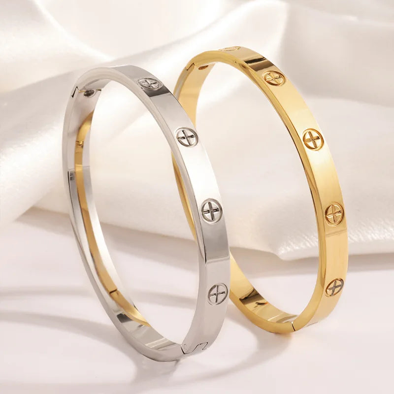 New Design Gold Color titanium steel Zircon And Cross Nut Nail Bracelet & Bangle For Woman Stainless Steel Snap Brand Jewelry