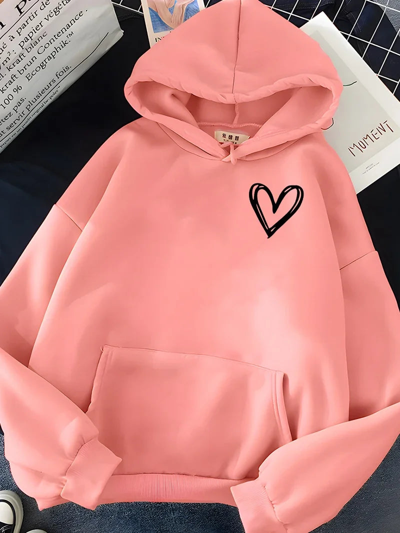 Hirsionsan Simplic Heart Print Women Sweatshirt Soft Casual Loose Vintage Female Hoodies 2024 Winter Warm Fleece Student Tops