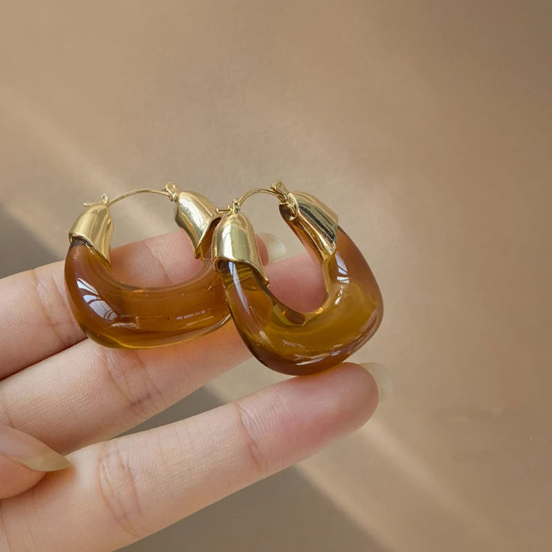 Korean Clear Acrylic Resin Circle Hoop Earrings Female Bohemia Gold Color Metal Piercing Earring Wedding Jewelry