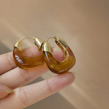 Korean Clear Acrylic Resin Circle Hoop Earrings Female Bohemia Gold Color Metal Piercing Earring Wedding Jewelry